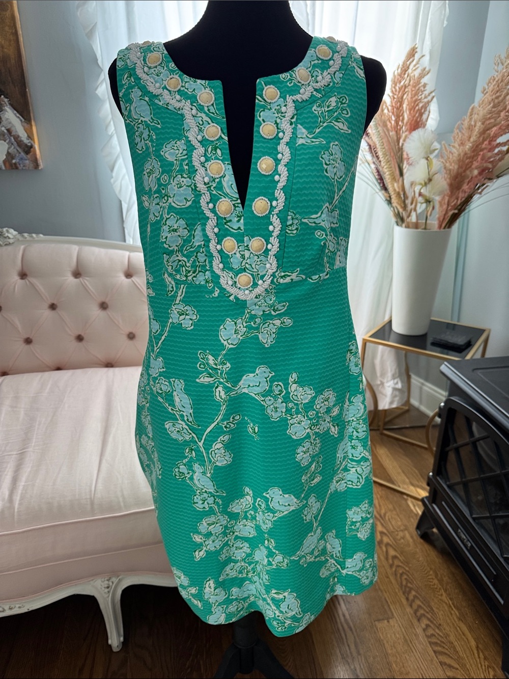 Lilly Pulitzer Teal Green Floral Sleeveless Shift Dress with Button Trim & beads